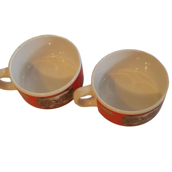 Currier and Ives Stackable Soup Mugs Houston Harvest SET of 2 Red Winter Scene - Picture 7 of 8